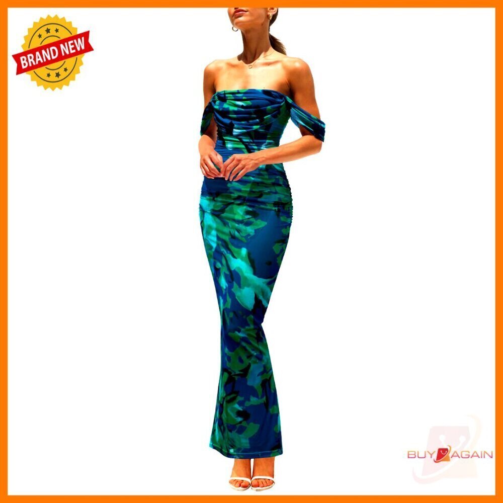 Floral Off Shoulder Ruched Mesh Maxi Dress Elegant Wedding Guest Cocktail